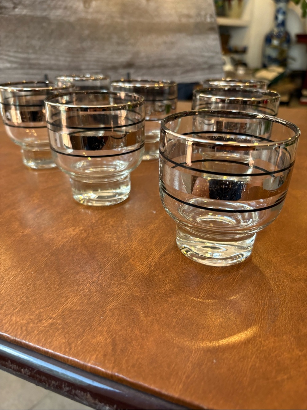 Set of Clear Glass Tumblers with Black and platinum Stripe Accent low ball
